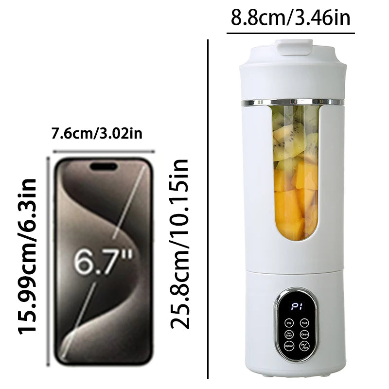 Portable white blender with a fruit-filled glass chamber, digital control panel, and size dimensions compared to a phone.