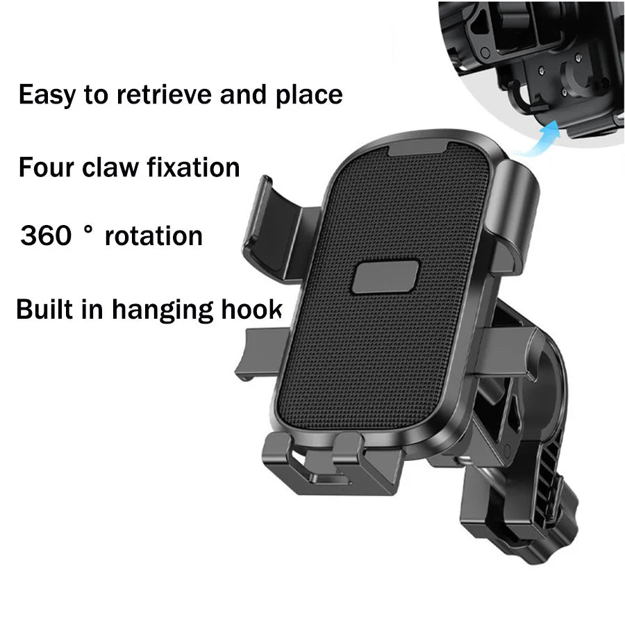 Black car phone mount with four-claw grip, 360-degree rotation, and built-in hook for easy device access.