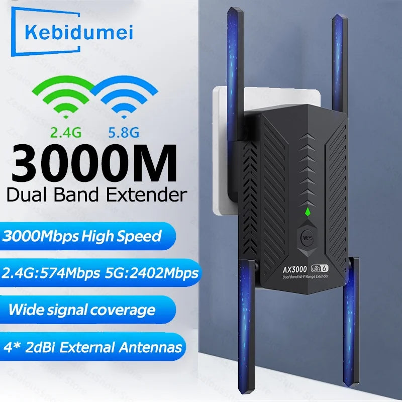 Black, sleek wall-plug WiFi 6 range extender with four external antennas and a central WPS button with green LED.