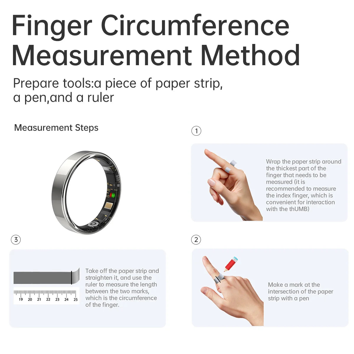 Instructions for measuring finger size for a smooth, silver smart health ring using paper, a pen and a ruler.