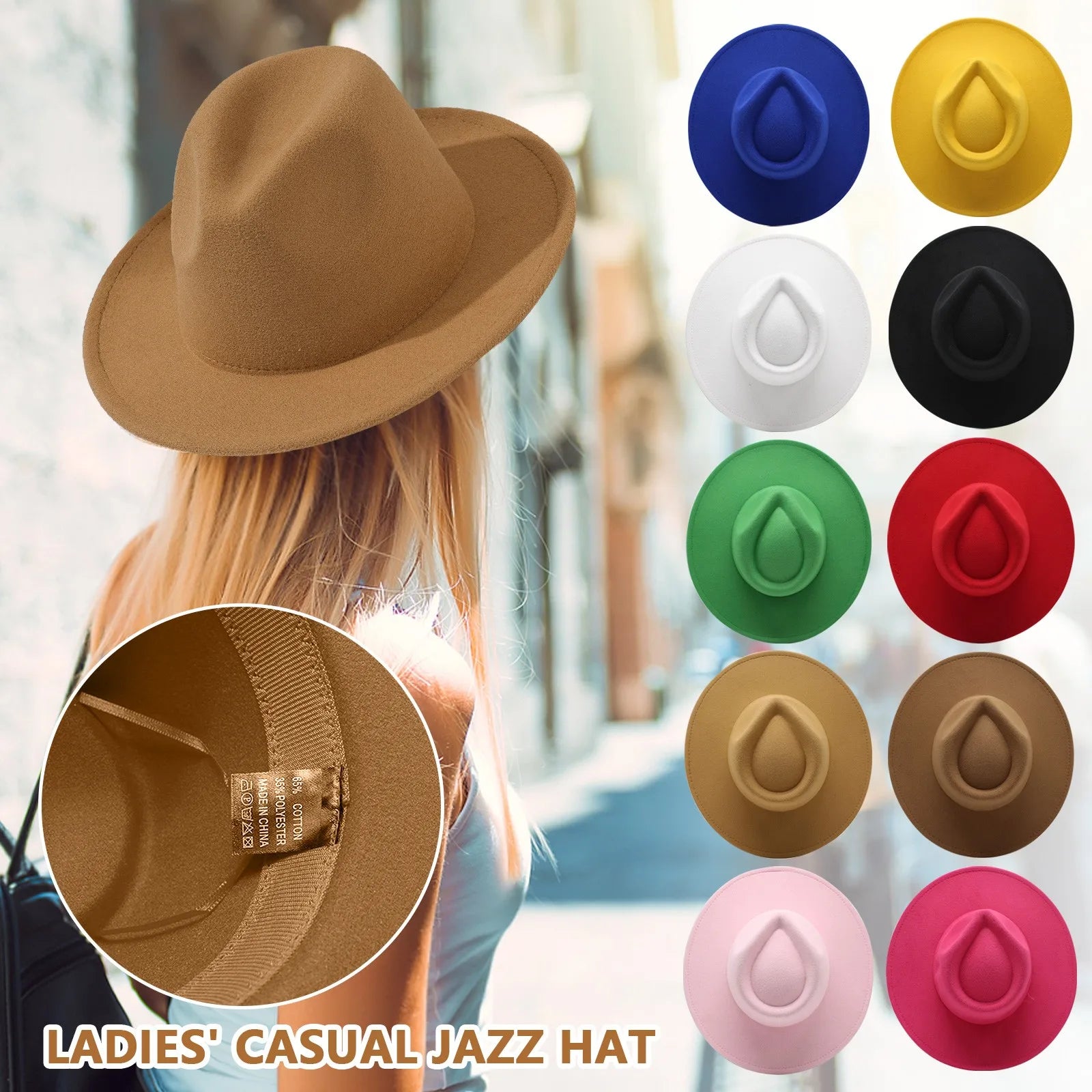 Woman wearing a tan felt fedora, with a colour palette of ten different shades shown on the right.