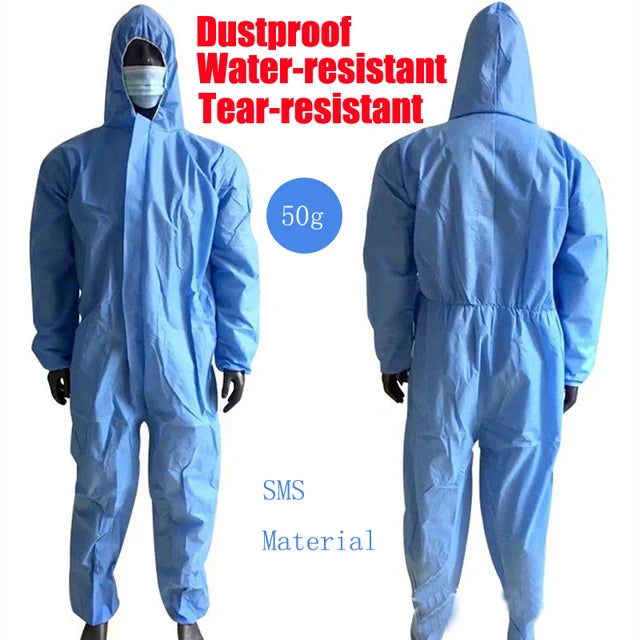 Blue 50g SMS material hooded protective coverall, designed as dustproof, water-resistant, and tear-resistant.