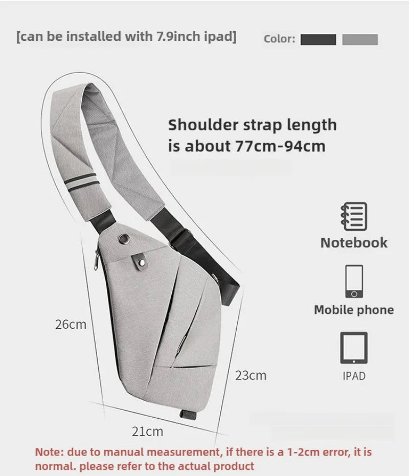 Grey waterproof crossbody bag with an adjustable shoulder strap and multiple compartments for a phone and 7.9-inch iPad.