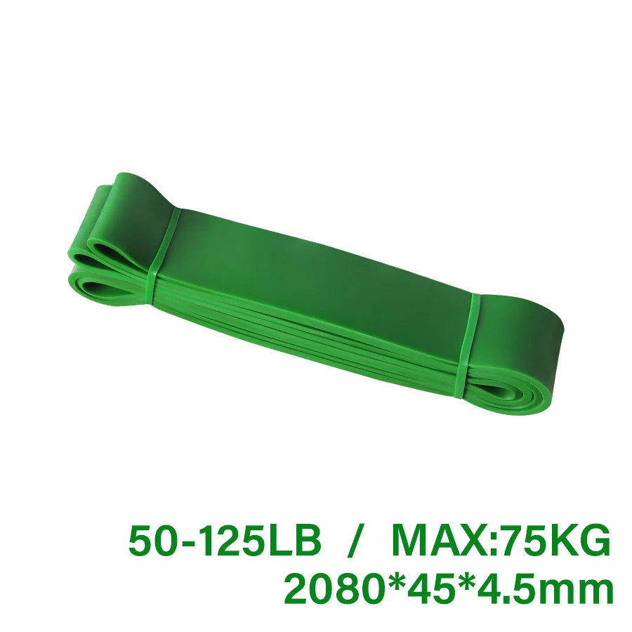 Green heavy-duty resistance band, 208cm length, with 50-125lb resistance rating displayed.
