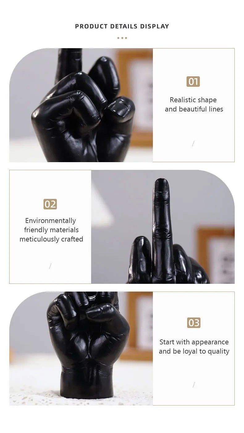 Glossy black hand sculpture showing a middle finger gesture, featuring realistic details and a smooth, modern finish.