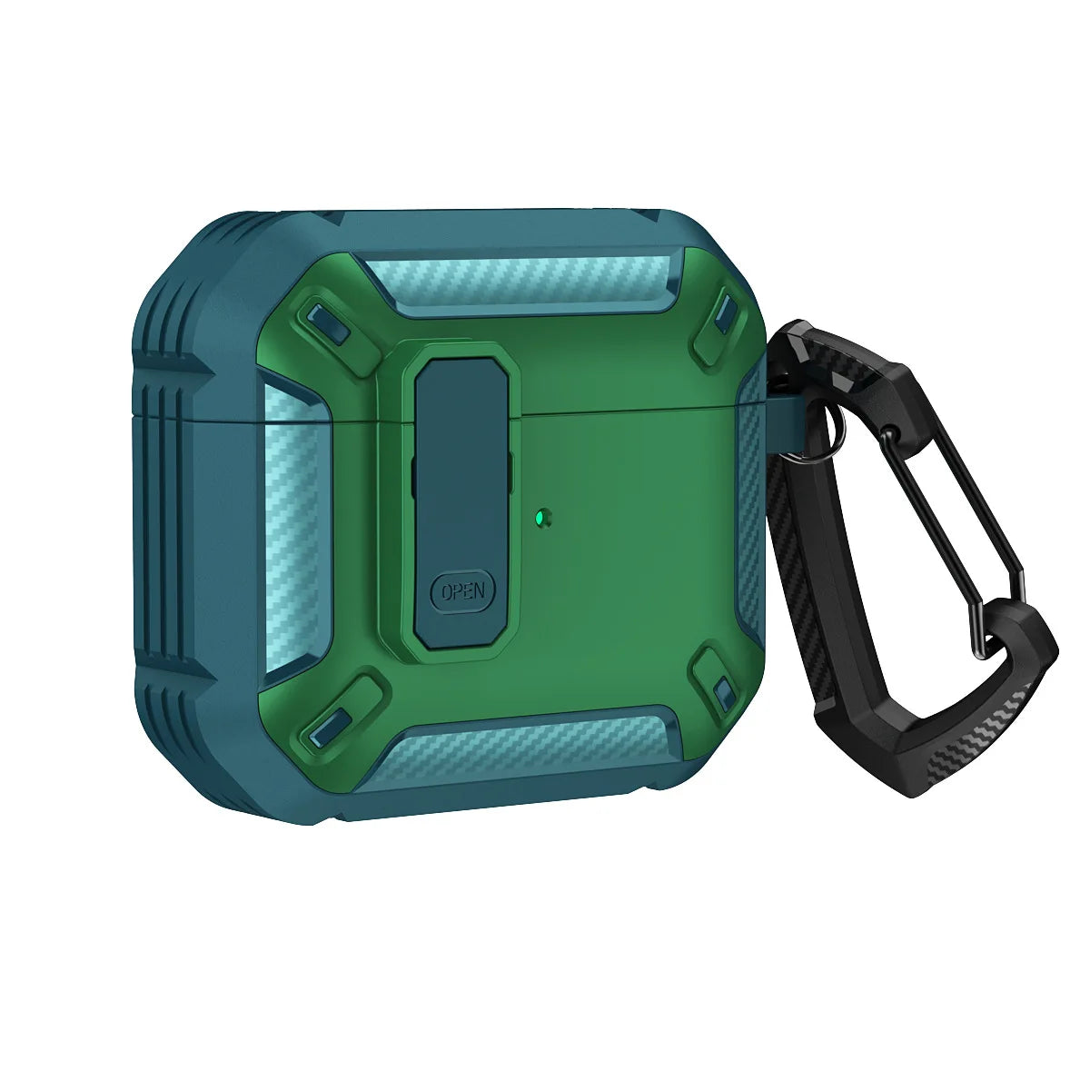 Rugged green and teal carbon fibre-style case for AirPods with a secure locking latch and black carabiner clip.