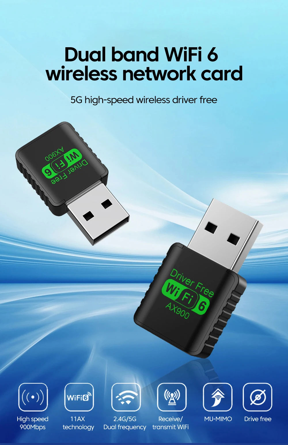 Two compact, black USB WiFi 6 adapters with green branding on a blue gradient background showing technical features.