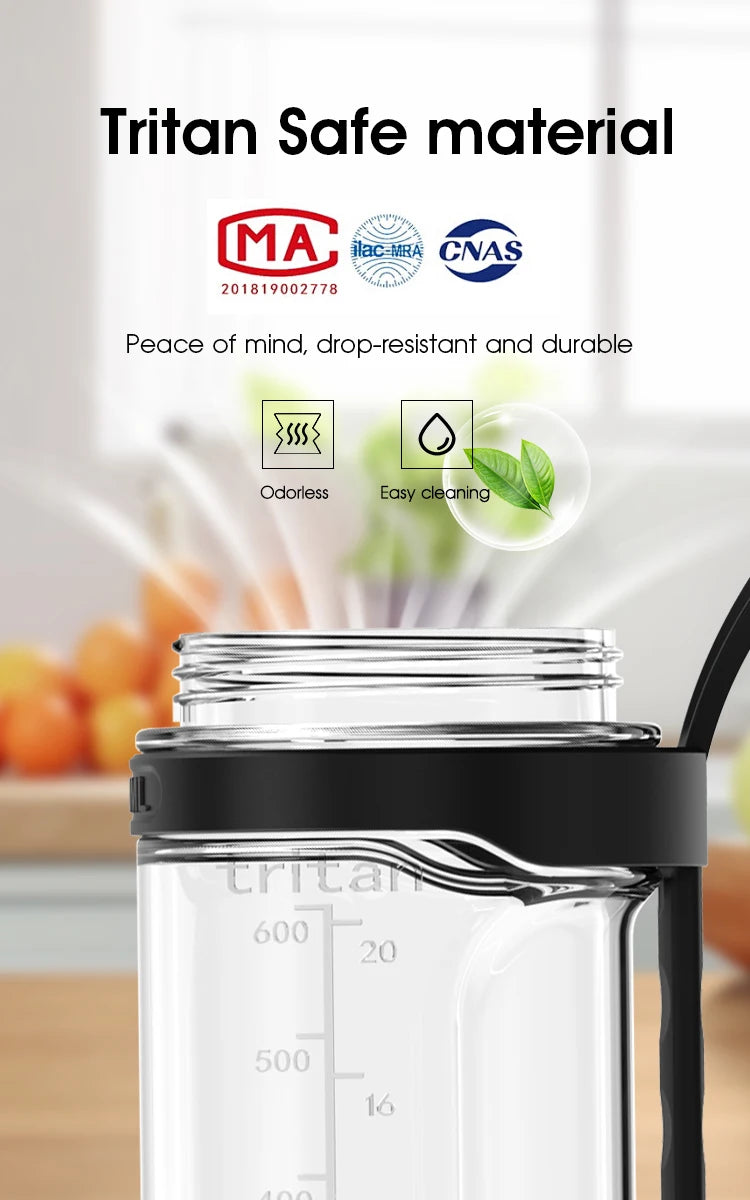 Clear plastic water bottle with measurement markings, black cap and strap, highlighting durable, odorless material.