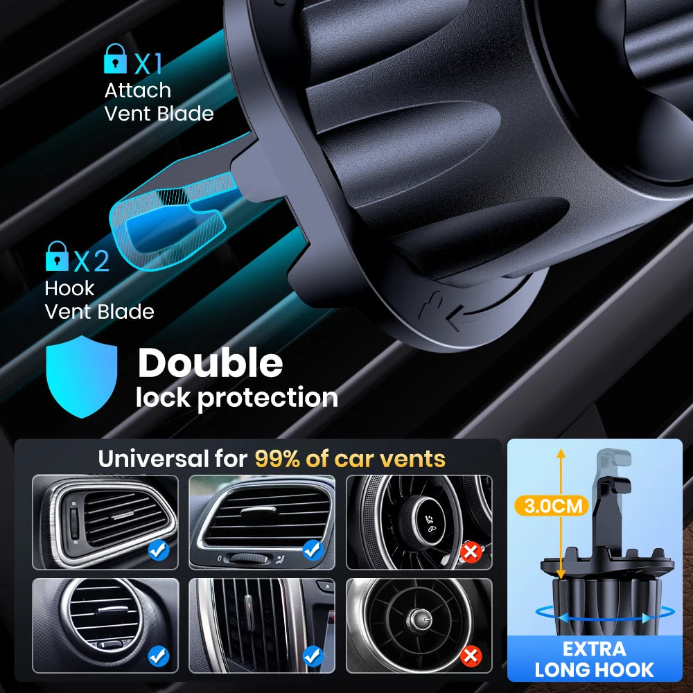 Black car air vent phone mount featuring a secure double-lock hook design for universal compatibility.