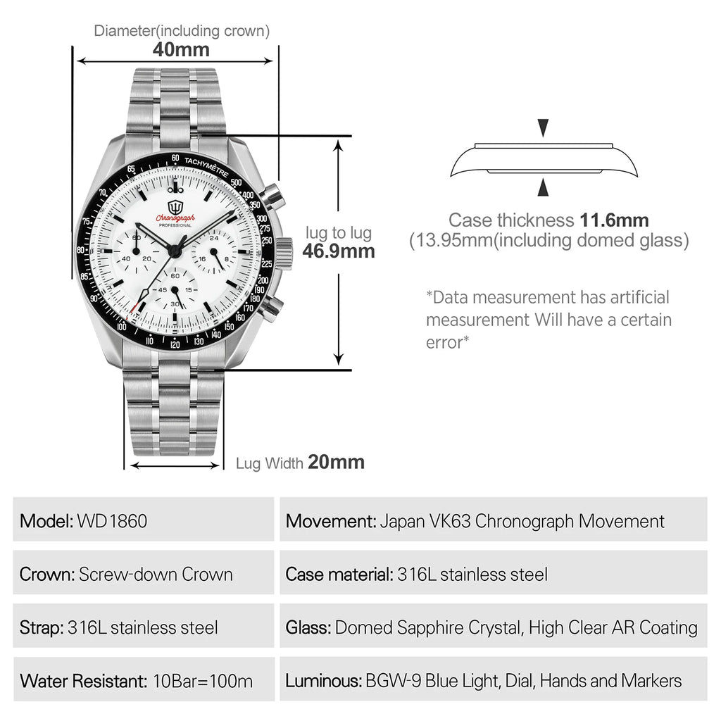 Watchdives WD1860 silver stainless steel chronograph watch with white dial, black tachymeter bezel, and dimension overlays.