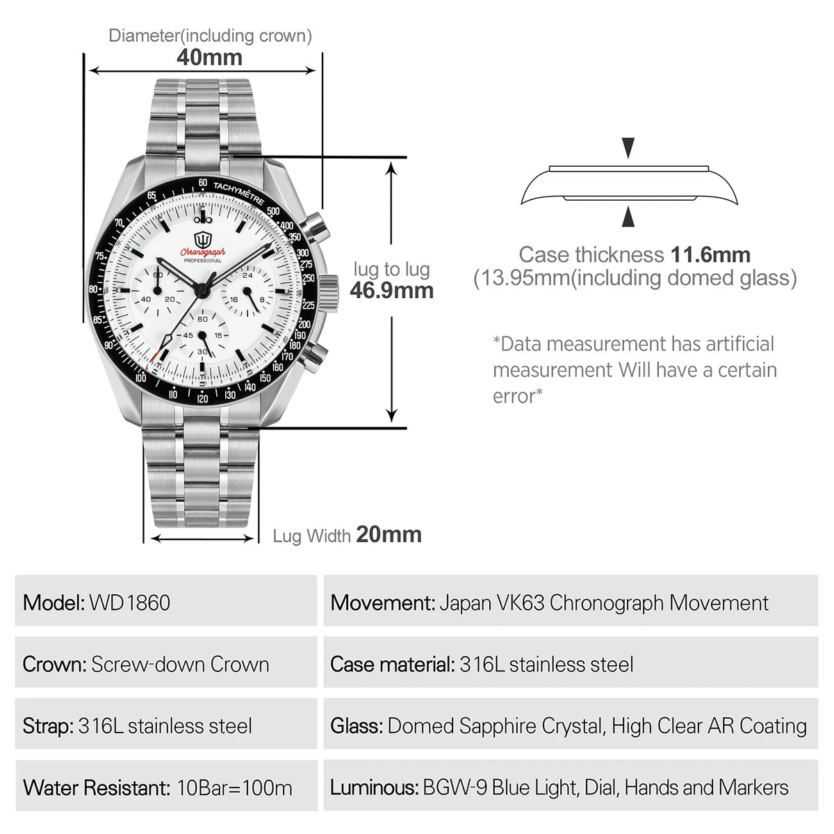 Watchdives WD1860 silver stainless steel chronograph watch with white dial, black tachymeter bezel, and dimension overlays.
