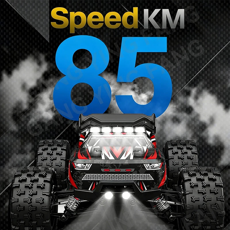 Black and red 4WD RC monster truck with large off-road tires, top roof lights, and headlights glowing.