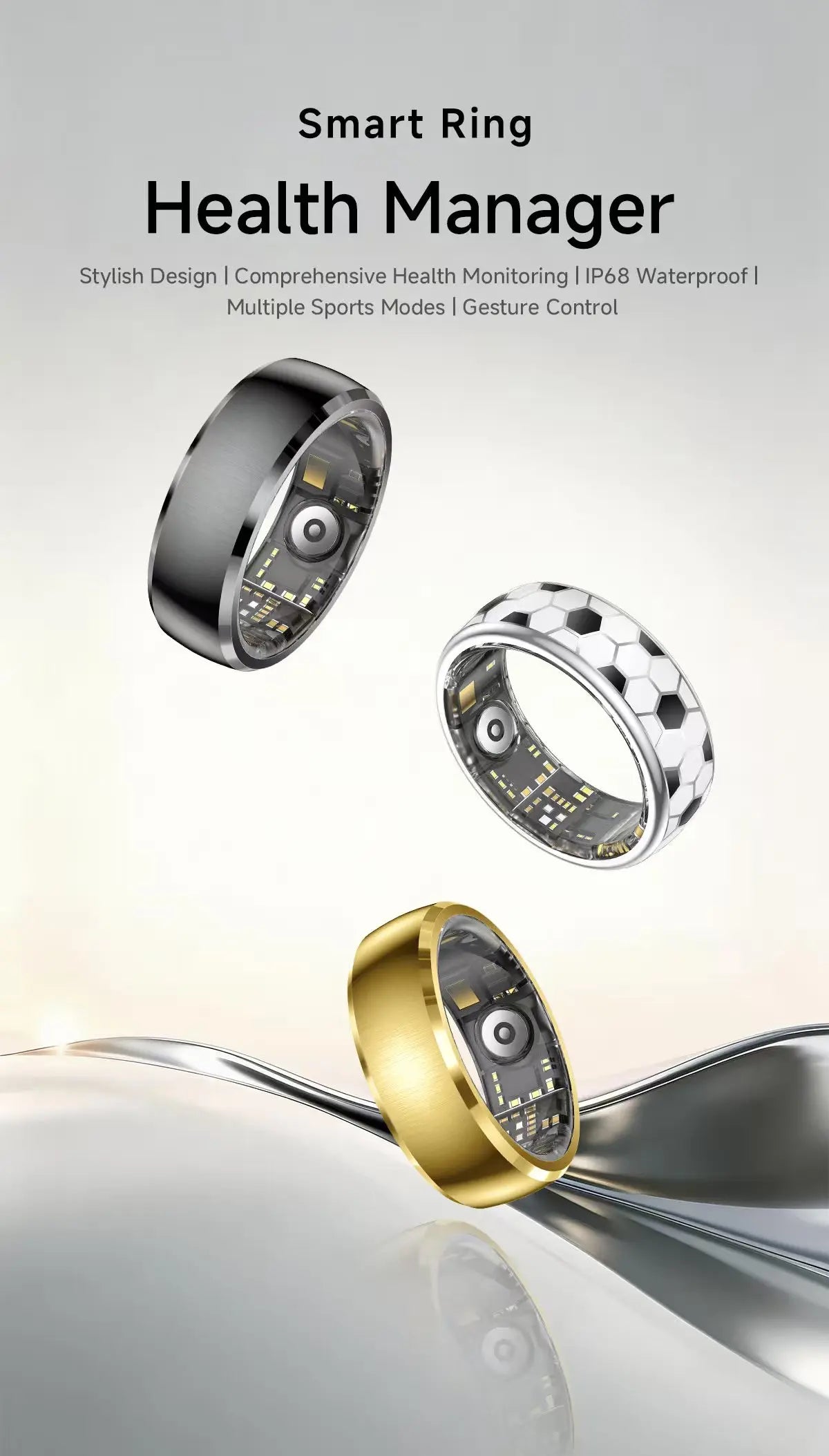Three smart fitness rings in black, gold, and a football pattern, featuring internal health tracking sensors.