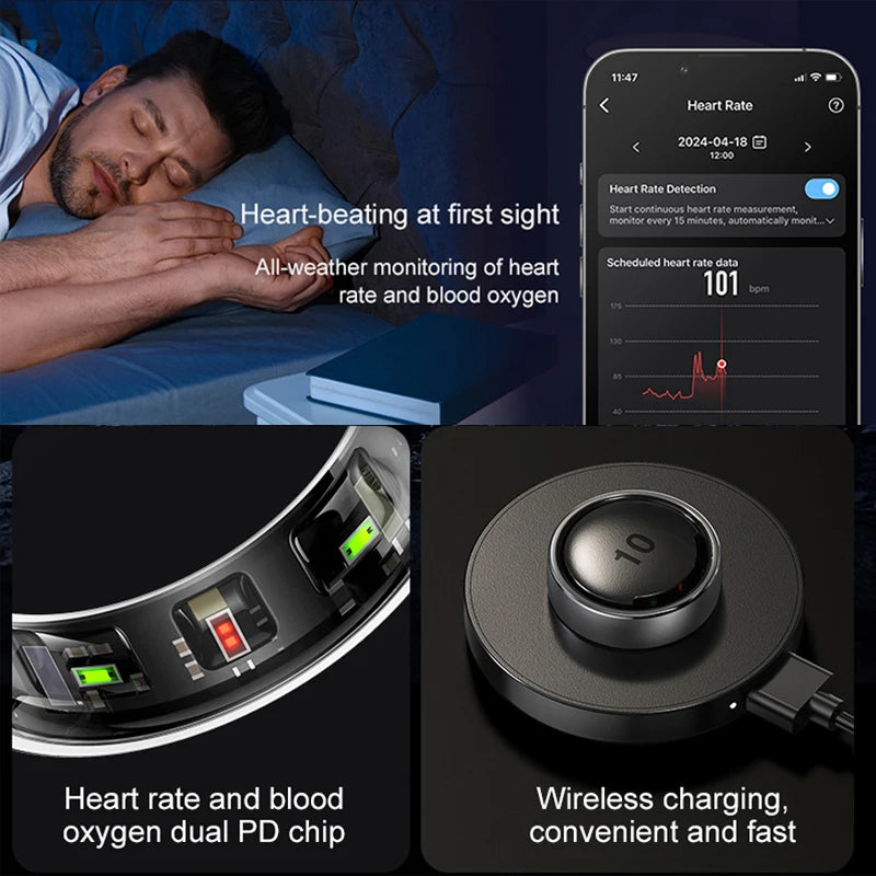 Sleek black smart health ring with heart rate and blood oxygen sensors, shown sleeping, with a wireless charger.