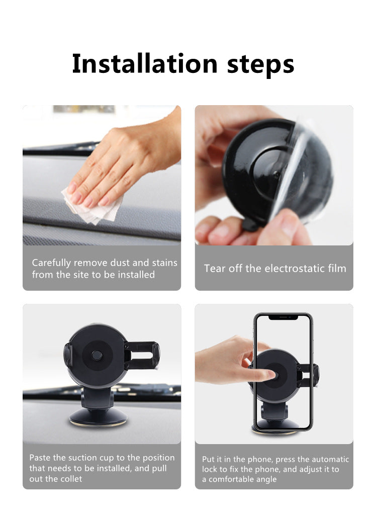 Four-step infographic showing how to install a black, adjustable suction cup car phone holder on a dashboard.