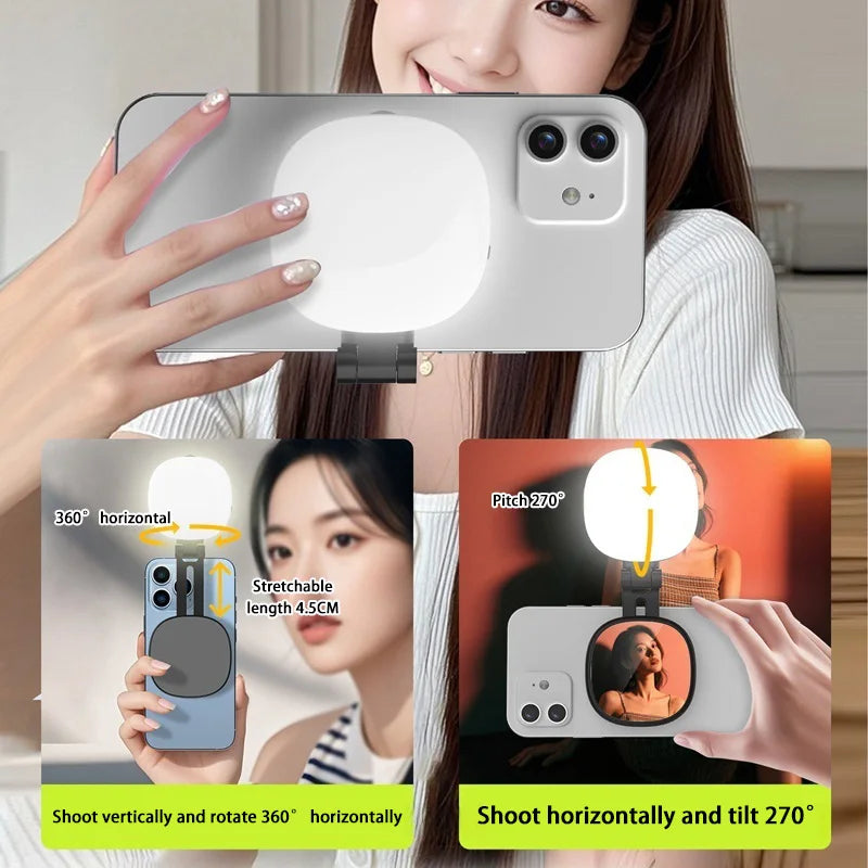 Portable black clip-on LED phone ring light with 360-degree rotation, adjustable tilt, and stretchable mount.