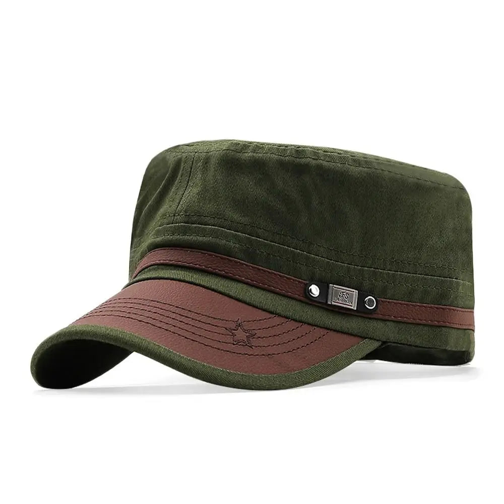 Olive green cadet-style cap with a brown faux-leather peak, strap detail, and a flat top design.