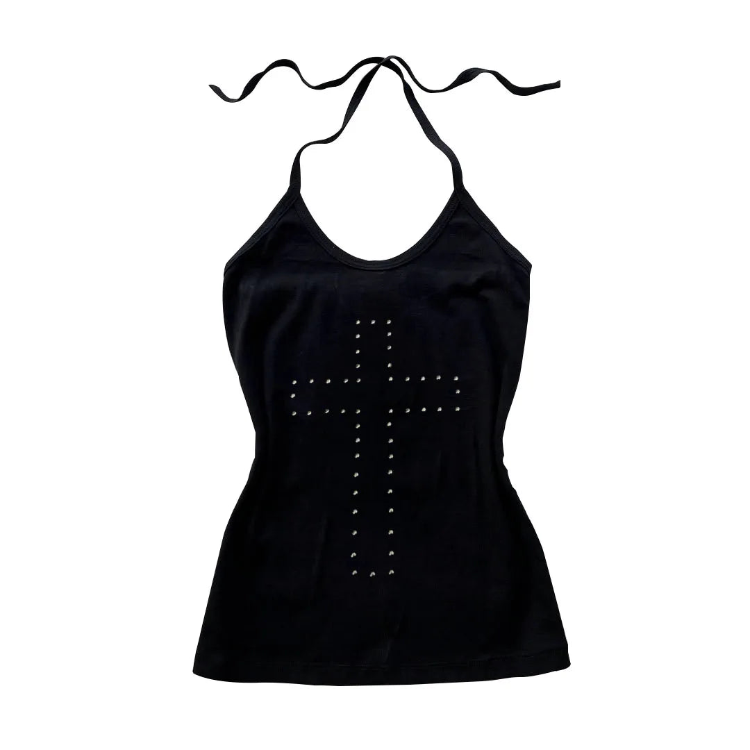 Black halter neck top featuring a silver studded cross design on the front.