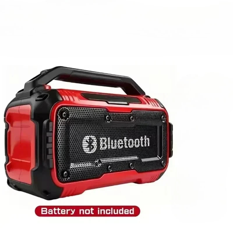 Rugged red and black portable Bluetooth speaker with a built-in carry handle and protective metal speaker grille.