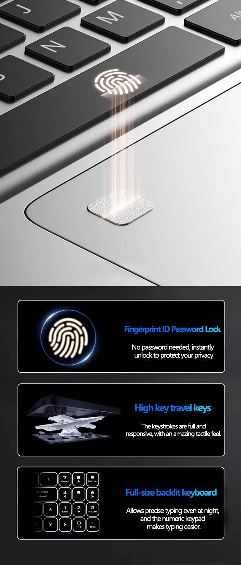 Silver laptop with fingerprint sensor, responsive keys, and a full-size backlit keyboard with numeric keypad.