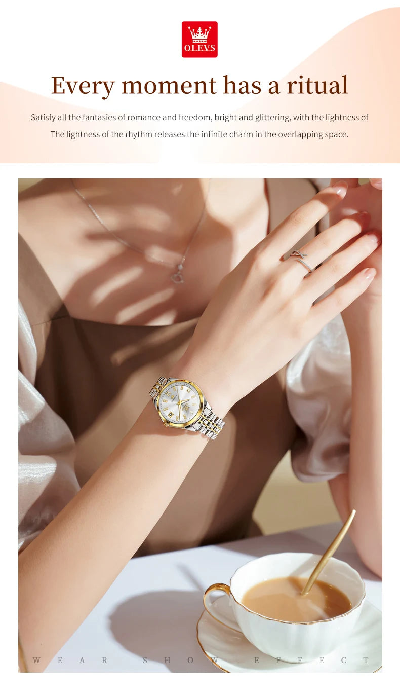 Elegant women’s two-tone stainless steel automatic watch with a silver dial and gold bezel on a woman's wrist.