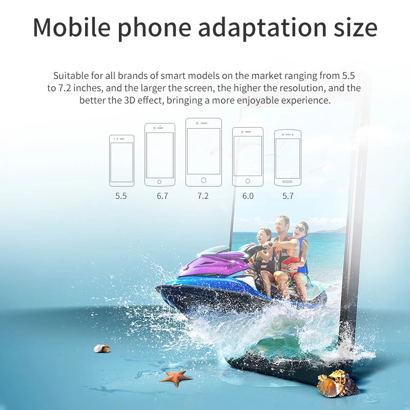 Black 3D VR headset for smartphones, showing compatibility with screen sizes ranging from 5.5 to 7.2 inches.