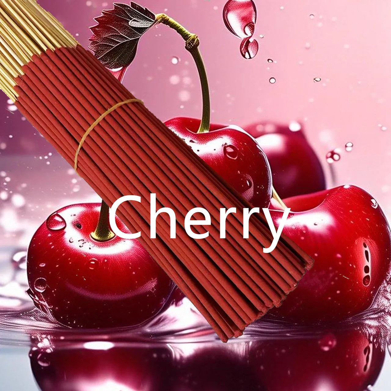Bundle of deep red cherry-scented incense sticks against a backdrop of fresh, glistening cherries.