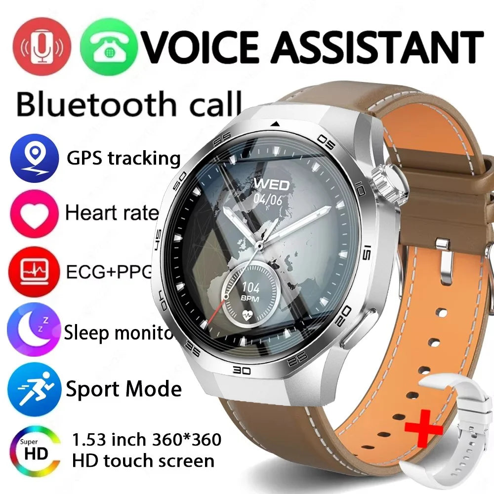 Silver smart watch with a brown leather strap and HD touchscreen display, featuring GPS, heart rate and health tracking.