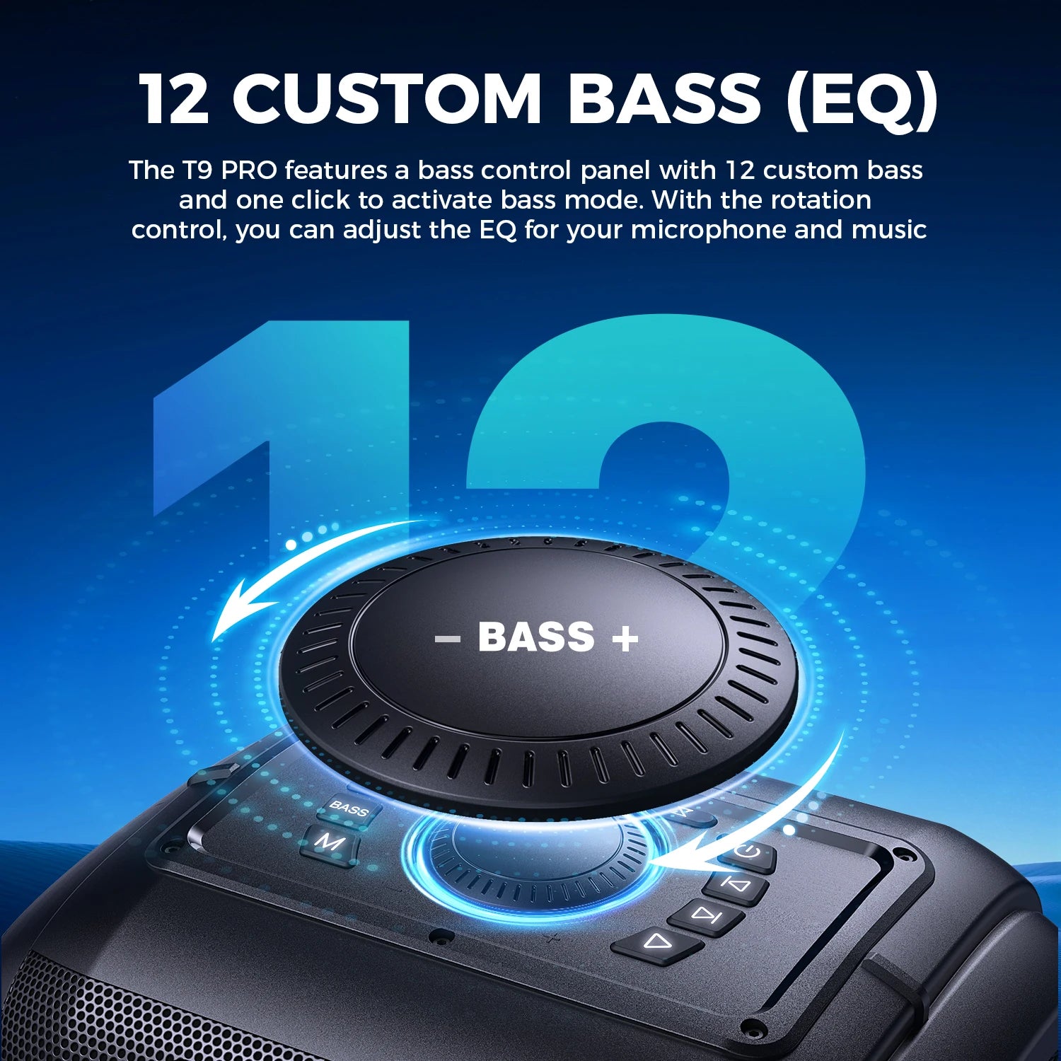 Close-up of a black wireless party speaker showing a top-mounted rotary dial for 12-level bass and EQ adjustment.