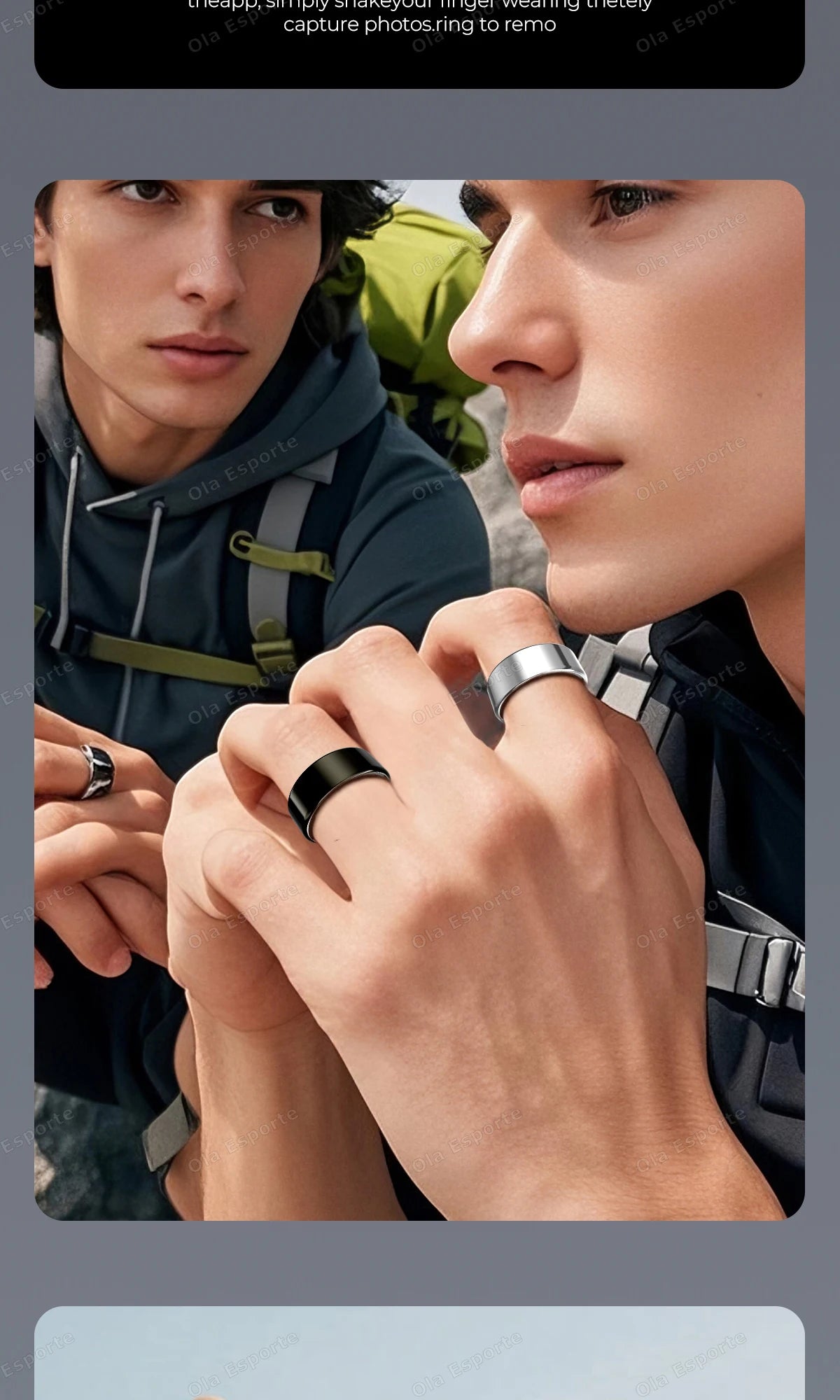 Close-up of a person wearing sleek, modern black and silver smart fitness tracking rings on their fingers.