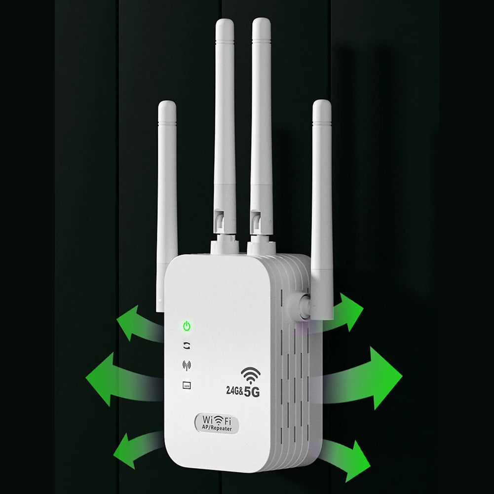 White dual-band WiFi repeater with four adjustable antennas and green signal indicators on a dark background.