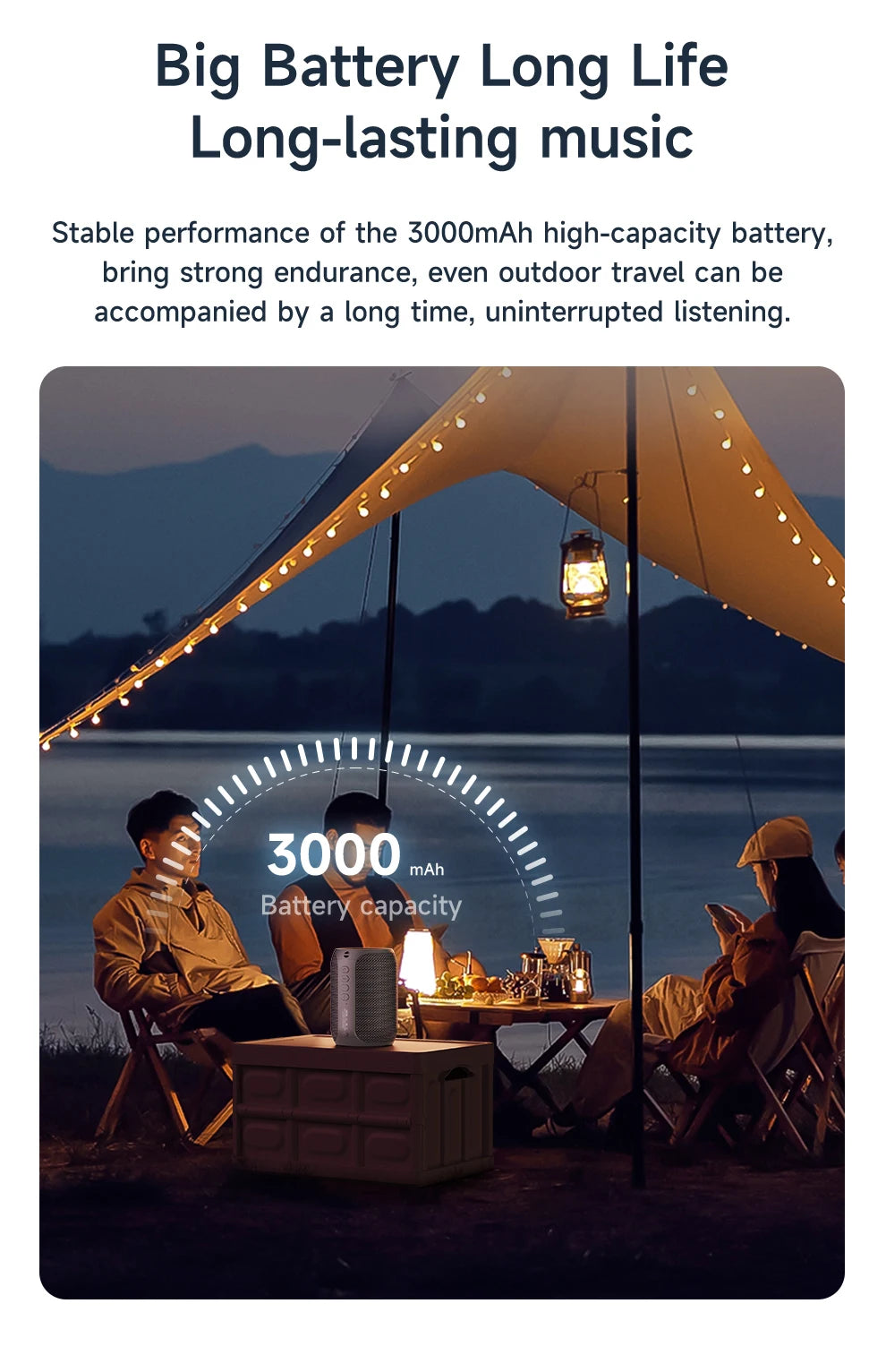 Grey portable Bluetooth speaker on a camping table at dusk, highlighting a 3000mAh battery for long-lasting music.