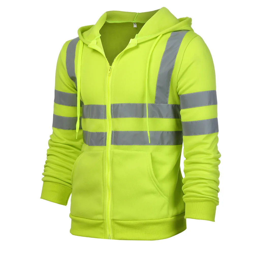 High-visibility neon yellow thermal hoodie with reflective silver stripes, front zip closure, and hood.