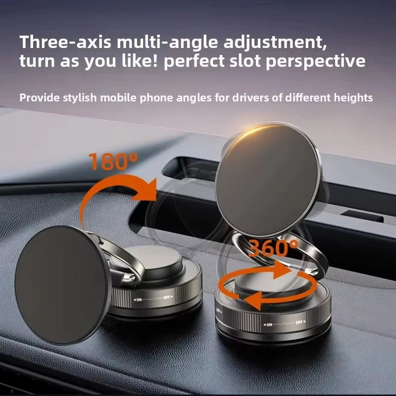 Black magnetic car phone mount with a sleek, adjustable 360-degree rotating design for flexible viewing angles.