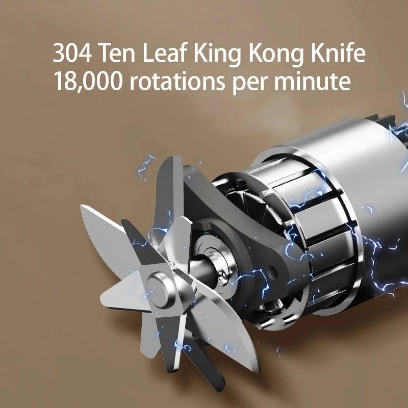 Close-up of a silver stainless steel multi-blade blender attachment with electric energy effects on a brown background.