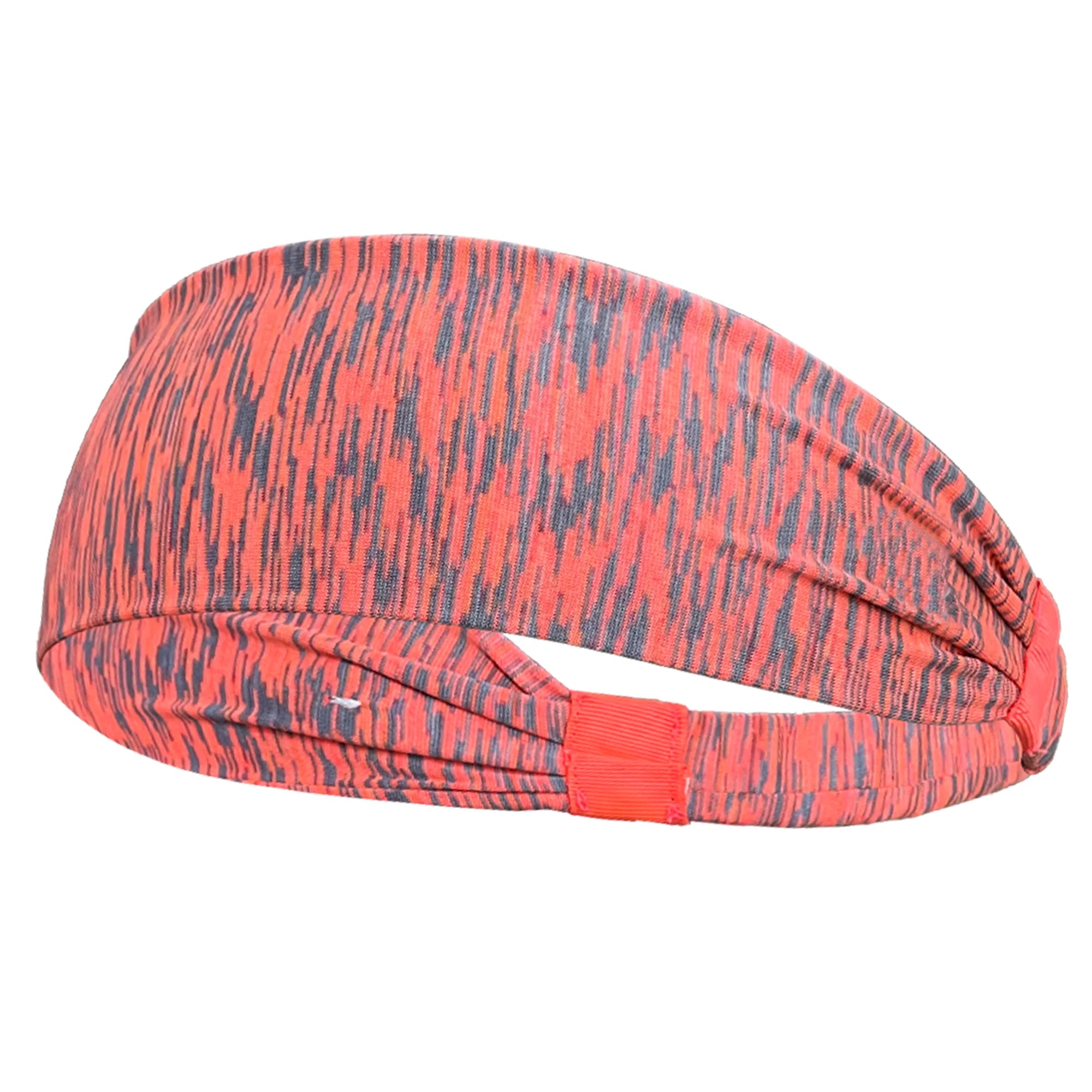 Coral and grey space-dye sports headband with a ruched, gathered design and a flat centre section.