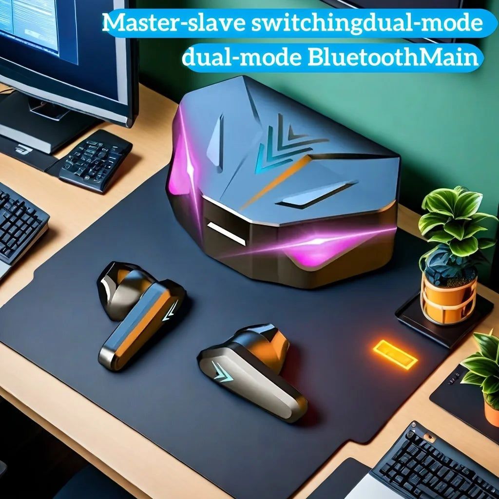 Futuristic grey gaming wireless earbuds and angular charging case with neon purple and blue LED lights on a desk.