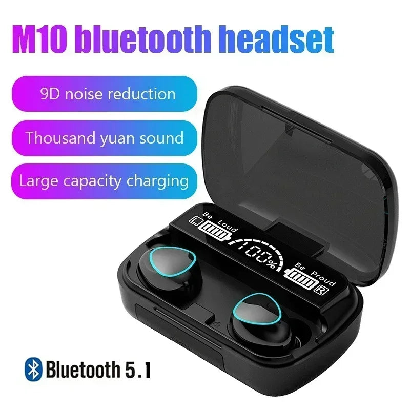 Black wireless earbuds in a charging case with a digital LED battery display screen, blue accents, and open lid.