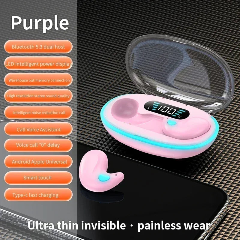 Purple wireless earbuds in a charging case with a transparent lid and digital LED battery display.
