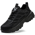 Black lightweight safety work sneaker with steel toe, mesh upper, and thick, textured sole.