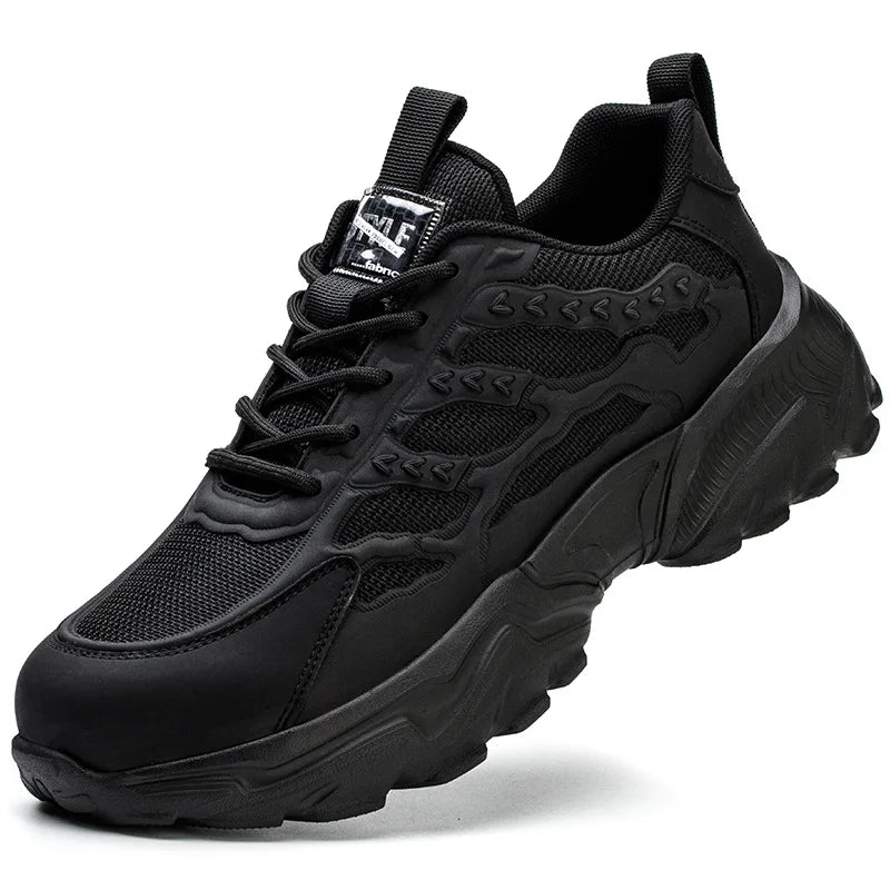Black lightweight safety work sneaker with steel toe, mesh upper, and thick, textured sole.