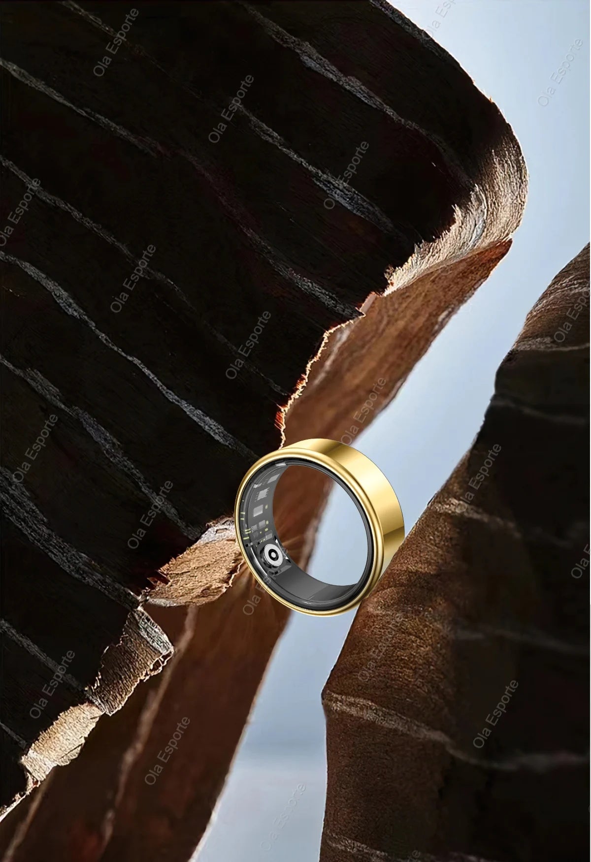 Gold smart health and fitness ring with black inner sensor casing, positioned between two pieces of rustic dark wood.
