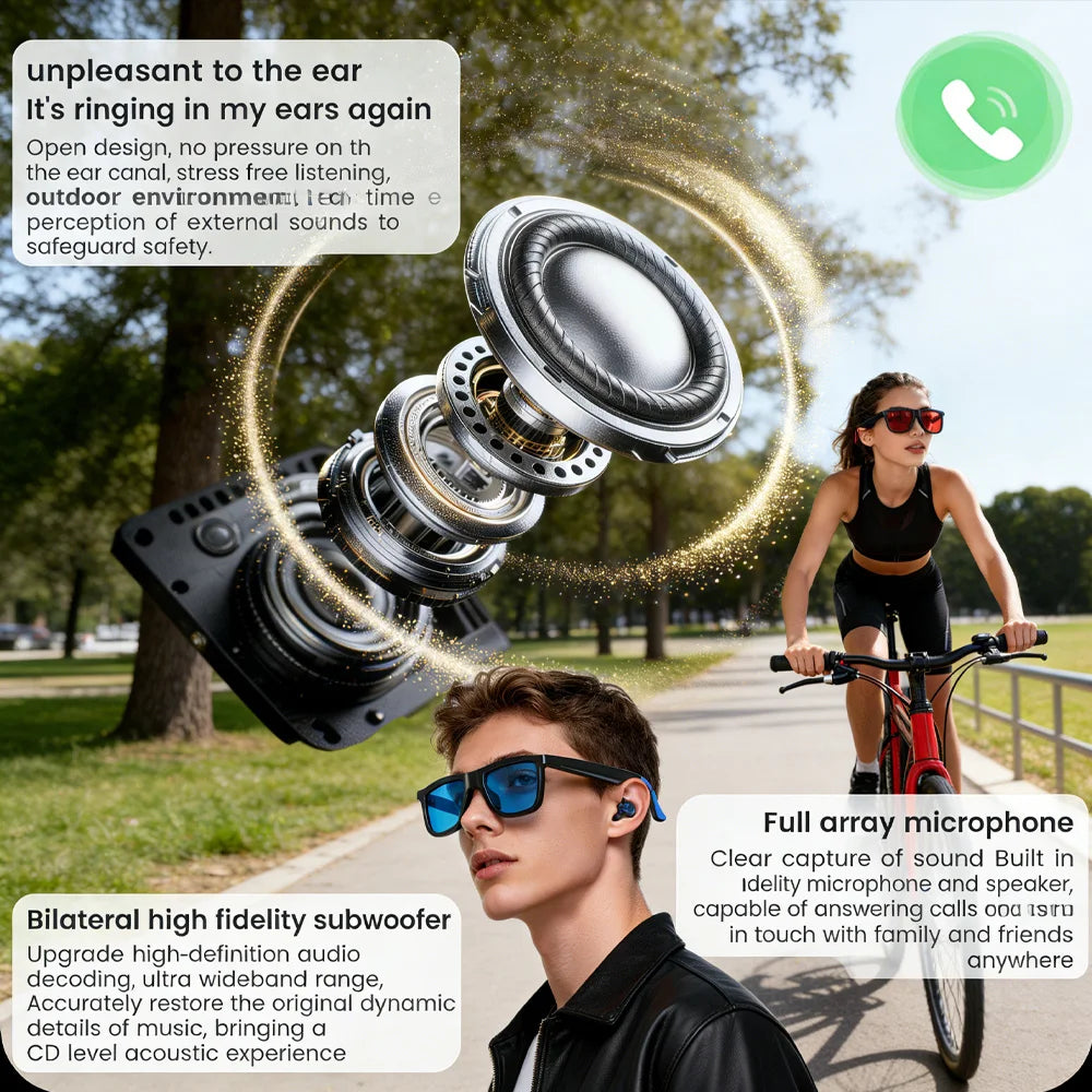 Stylish black smart audio sunglasses with Bluetooth, noise reduction, and high-fidelity speakers for active outdoor use.
