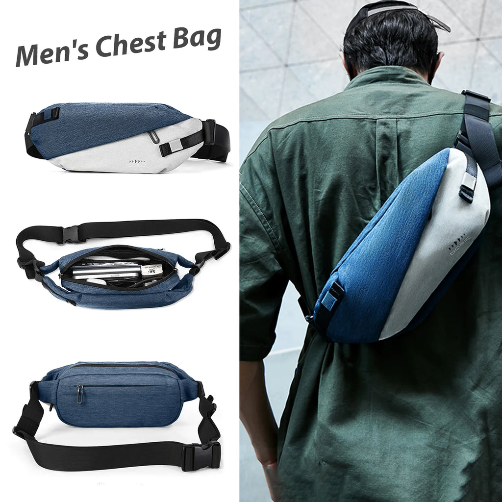Blue and grey anti-theft crossbody sling bag with a secure zip, adjustable strap, and organised interior compartments.