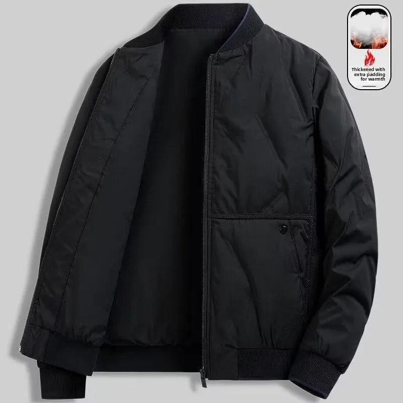 Men's black windproof work jacket with a ribbed collar, zip fastening, and thick quilted padding for added warmth.