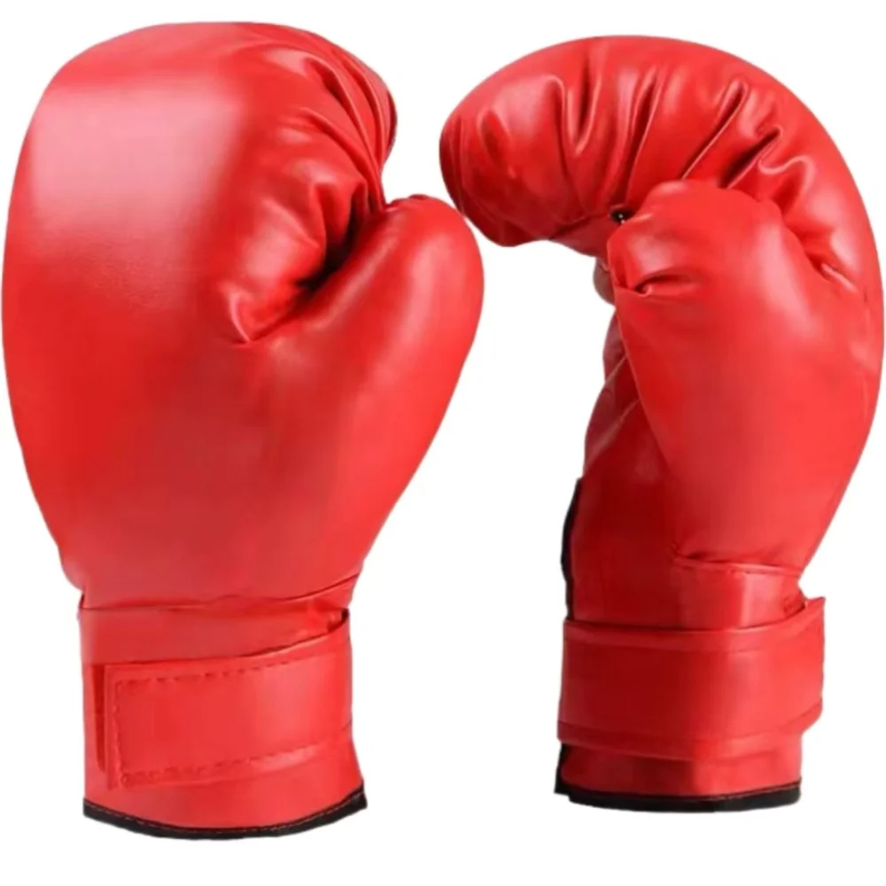 Two bright red leather boxing gloves with rounded forms and secure wrist straps.