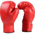 Two bright red leather boxing gloves with rounded forms and secure wrist straps.