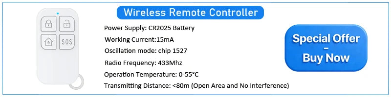 White wireless security remote with lock, unlock, home, and SOS buttons, plus technical specifications.