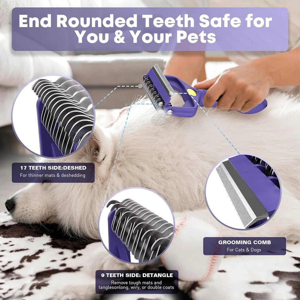 Purple 3-in-1 pet grooming rake with dual-sided metal teeth and a comb, used on a white dog.