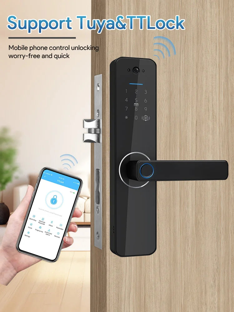 Sleek black smart door lock with integrated camera, touch keypad, fingerprint scanner, and mobile app control.